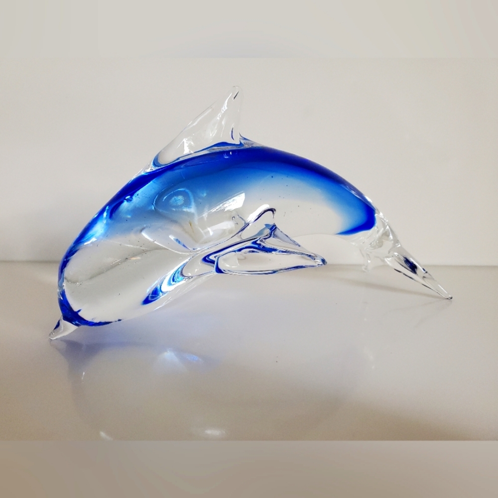 Jumping Dolphin Art Glass * Clear & Electric Blue Hue * Paperweight Collectible